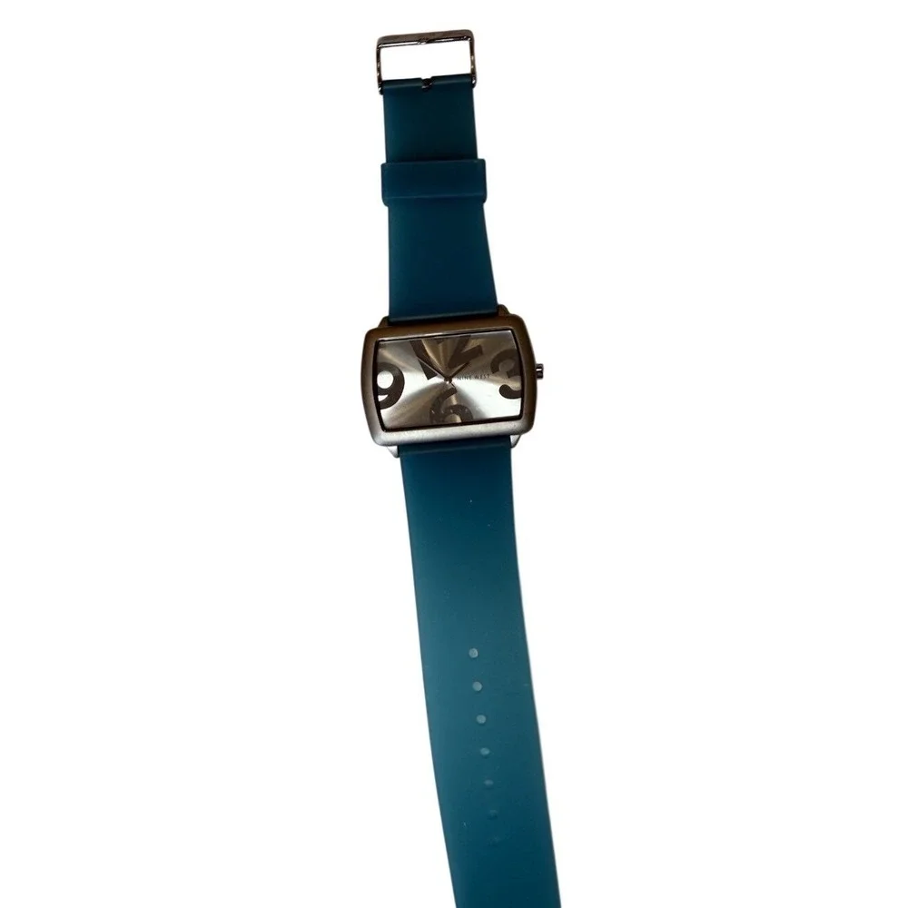 Nine West Watch Womens OS Blue Silver Rectangular Dial Silicone Band Bold Modern